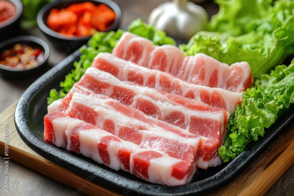 Korean cuisine charcoal grilled meat chili paste swine fatty pork accompaniments garlic greens veggies spices Korean cuisine charcoal grilled meat chili paste swine fatty pork accompaniments garlic greens veggies spices