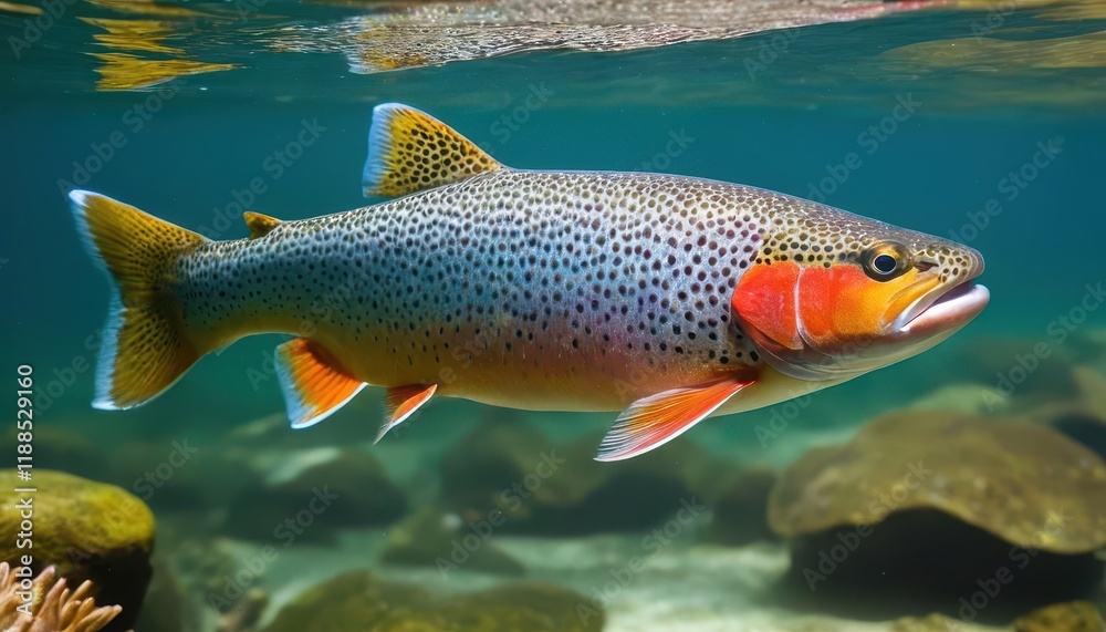 Naklejka premium Vivid close-up of a rainbow trout swimming in crystal-clear water. Its vibrant colors and delicate patterns create a stunning display of underwater beauty