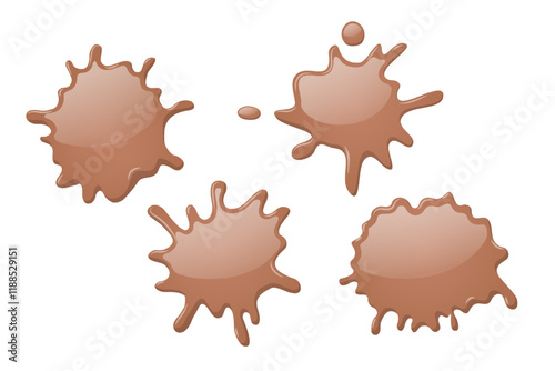 Splash of coffee, liquid chocolate stain with glossy texture. Abstract 3d brown paint spills and puddles with drops. Icons set of fluid splashes in mocha mousse color, vector illustration