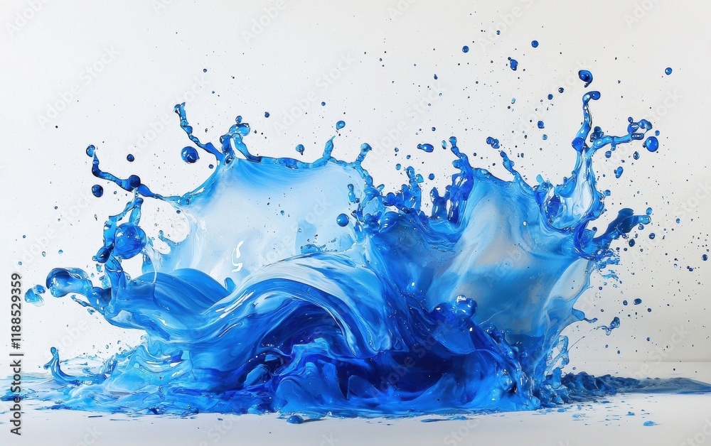 A vibrant splash of blue water frozen mid-motion on a bright white backdrop A vibrant splash of blue water frozen mid-motion on a bright white backdrop