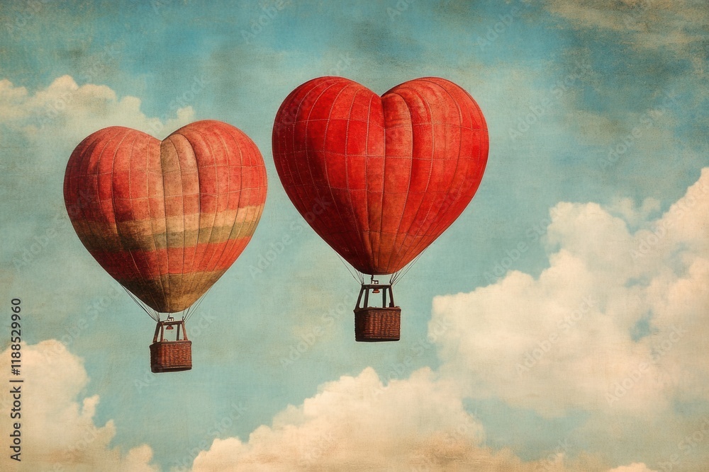 Fototapeta premium Two heart shaped hot air balloons flying in cloudy sky