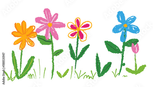 Kid doodle hand drawing crayon, wax, pencil, chalk or charcoal texture. childlike flowers and plants, grass illustration. messy and colorful vector art