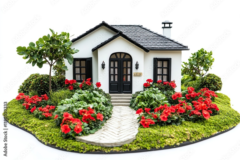 Naklejka premium Miniature House Model with Lush Red Flower Garden