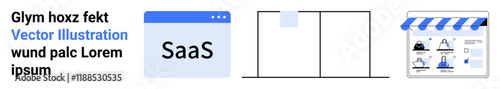 Business SaaS browser window, grid layout, and digital storefront. Ideal for software development, web design, SaaS marketing, e-commerce, digital business user interface online tools. Landing page