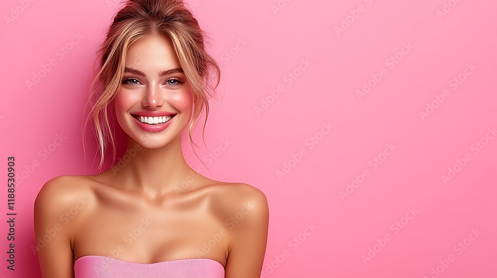 Obraz premium Portrait of a smiling young woman with healthy skin against a pink background