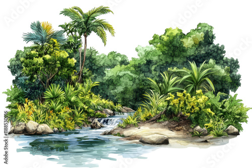 Vivid riverbanks in a lush jungle setting, isolated on a transparent background for design