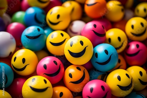 Colorful emoji balls spreading joy and positivity in close-up .