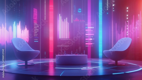 3D render of a business meeting where professionals analyze data for business growth, with floating 3D visualizations of financial data, market strategies, and performance metrics displayed in a