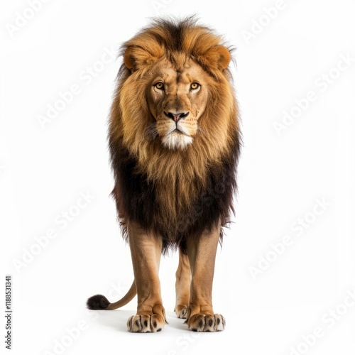 Powerful male lion with a lush mane standing against a white backdrop