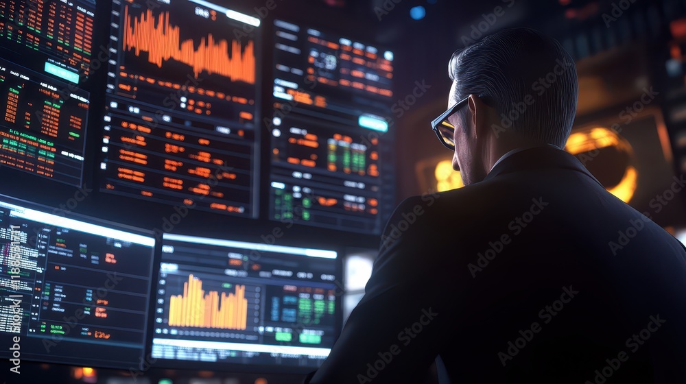 3D visualization of a financial expert monitoring real-time stock market data, with 3D charts, stock tickers, and currency exchange rates floating around in a modern trading room illustrations