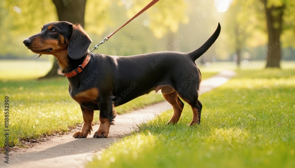 Adorable dachshund walking on a leash along a park path. Capturing the joy of a sunny day, this image showcases a cute companion ready for adventure Adorable dachshund walking on a leash along a park path. Capturing the joy of a sunny day, this image showcases a cute companion ready for adventure