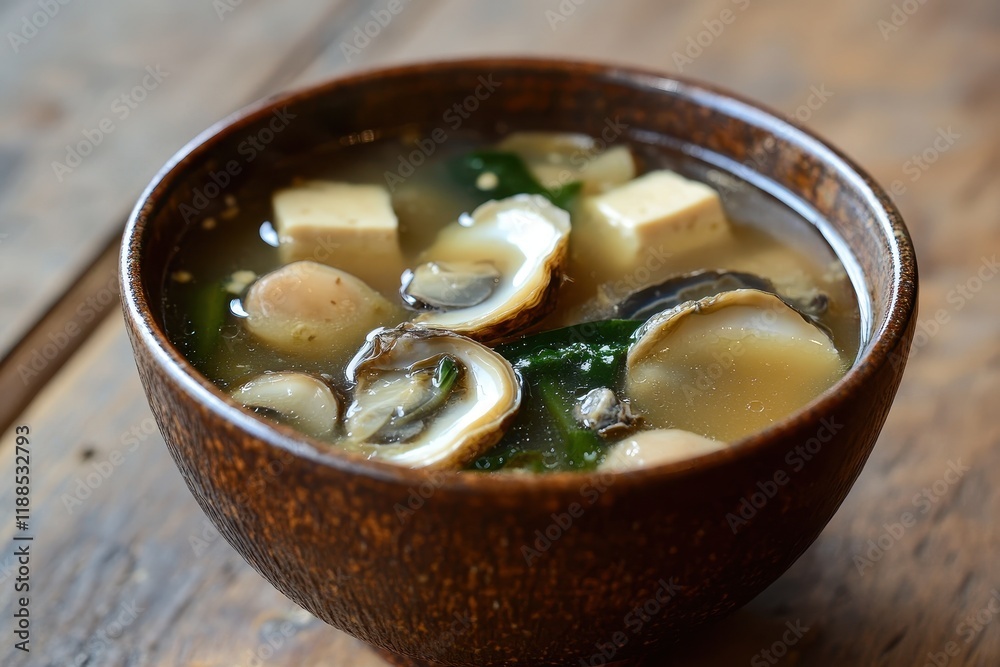Korean cuisine oyster tofu soup with Capsosiphon fulvescens plus a side dish Korean cuisine oyster tofu soup with Capsosiphon fulvescens plus a side dish