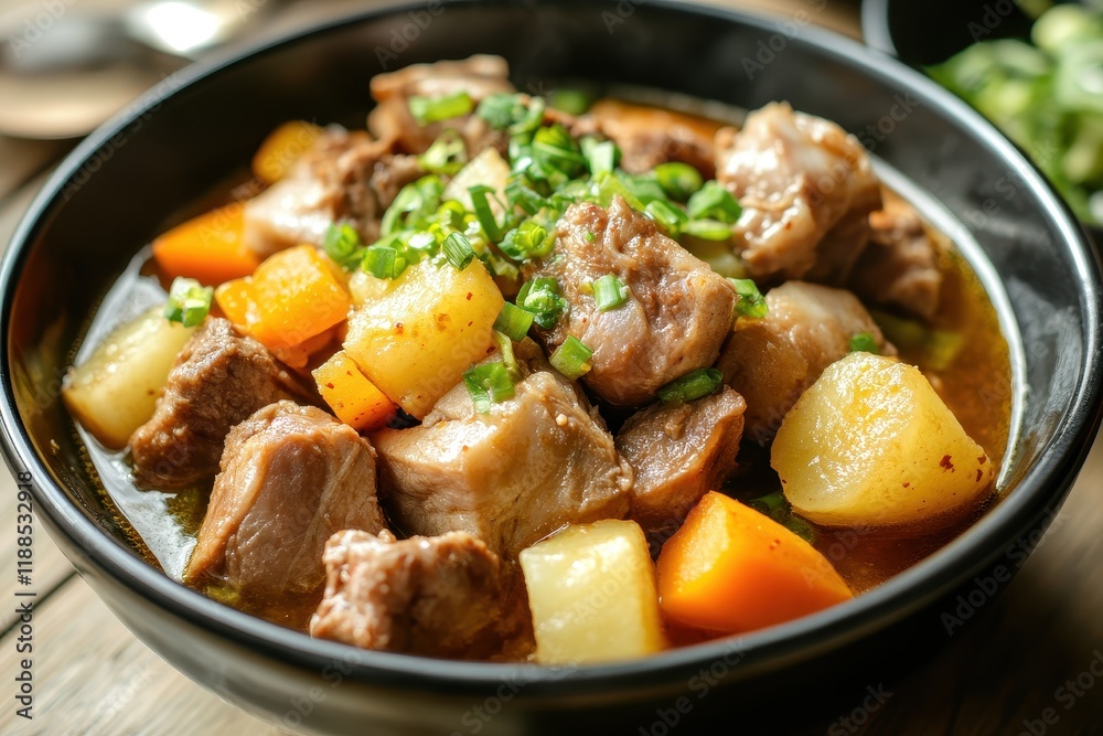 Korean cuisine Pork backbone stew is a hearty dish featuring pork spine potatoes and assorted vegetables Korean cuisine Pork backbone stew is a hearty dish featuring pork spine potatoes and assorted vegetables