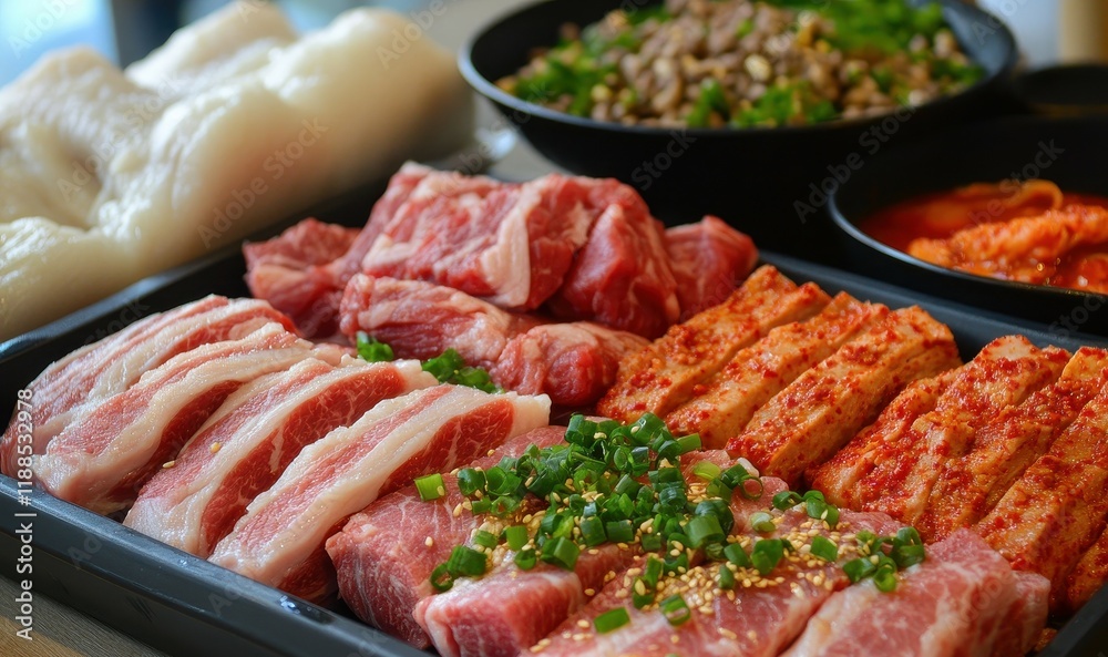 Korean cuisine rib dishes spicy stir fried army stew beef fried spam pork cutlet Korean cuisine rib dishes spicy stir fried army stew beef fried spam pork cutlet