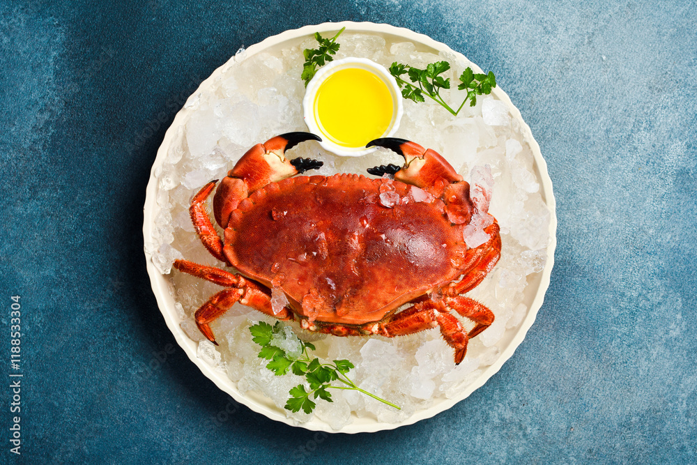 Delicious boiled crab with butter and spices on ice in a plate. Delicious boiled crab with butter and spices on ice in a plate.
