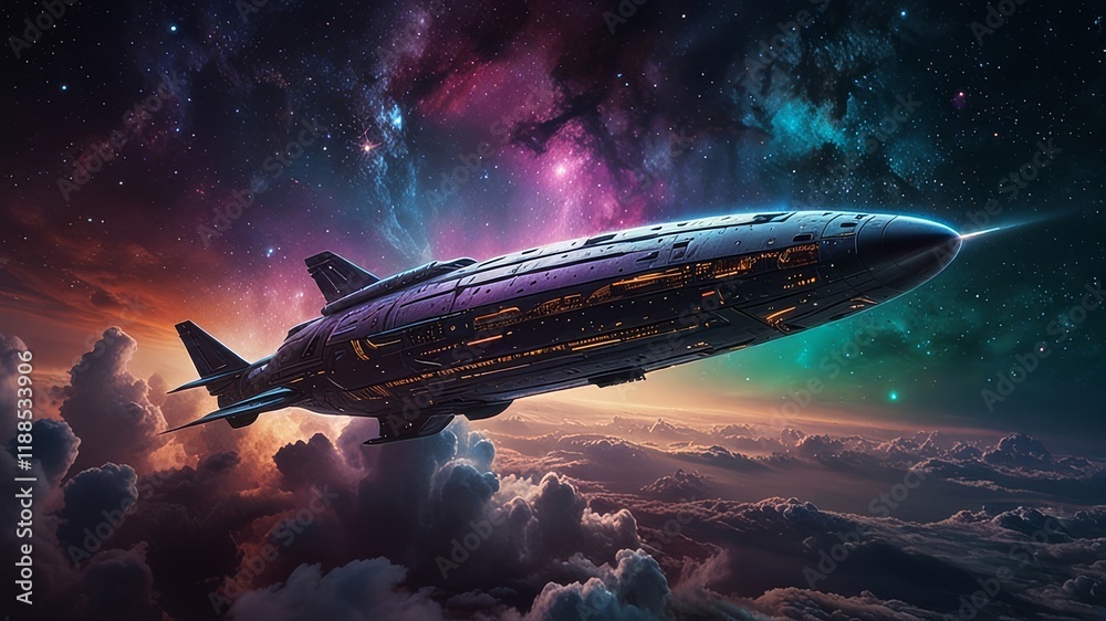 Obraz premium In a dazzling whirl of ethereal stardust and shimmering cosmic hues, a sleek, futuristic starship gleams amidst the swirling nebula clouds. This enchanting photograph captures the essence of chic ench