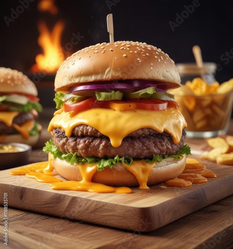 A giant burger filled with melted cheese and served on a wooden board, rustic setup, savory dish, meat and cheese photo