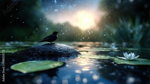 A black bird sitting on top of a rock in a pond