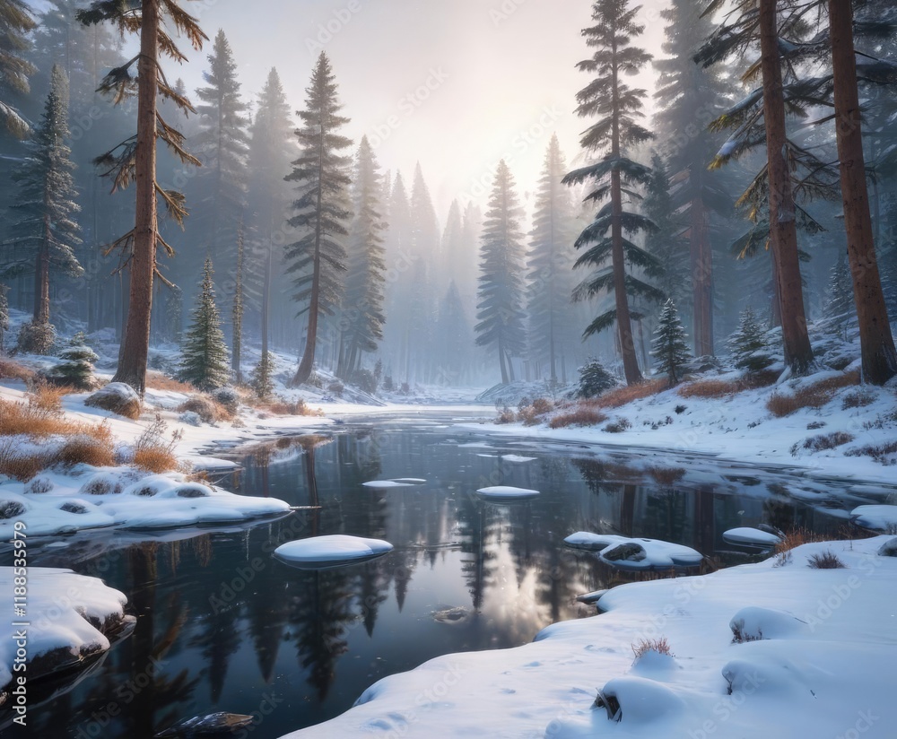 A gentle snowfall blankets the forest floor, casting a serene ambiance over the towering pine trees and frozen lakes , calmness, snowy woods, winter wonderland A gentle snowfall blankets the forest floor, casting a serene ambiance over the towering pine trees and frozen lakes , calmness, snowy woods, winter wonderland