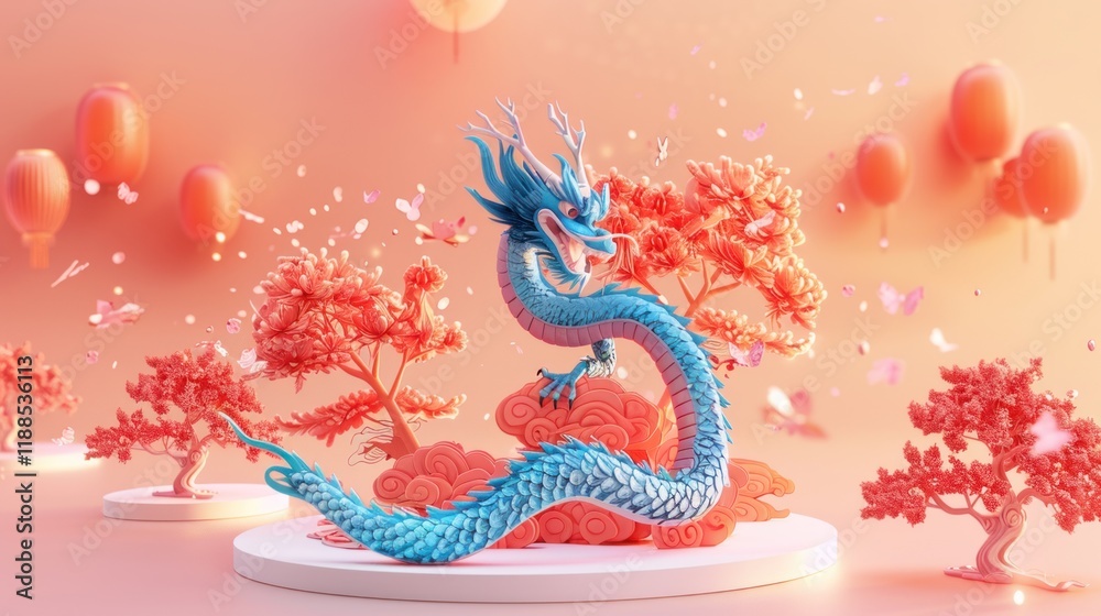 Celestial Dragon Amidst Peach Blossoms: A 3D Render of Serenity and Mythical Charm Celestial Dragon Amidst Peach Blossoms: A 3D Render of Serenity and Mythical Charm