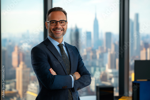 A confident banker in a modern skyscraper office with large glass windows, city skyline in the background.