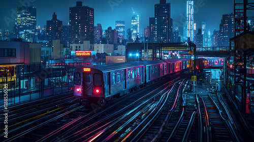 Colorful night view of subway train navigating through New York City skyline on vibrant tracks. Generative AI