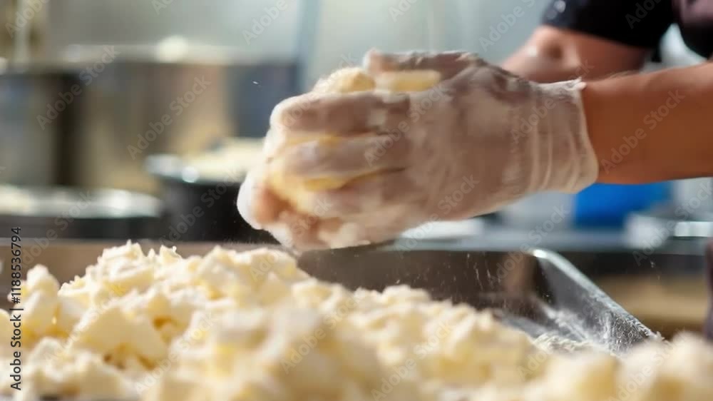 Gloved hands kneading dough in the kitchen. Suitable for cookery blogs, recipes and articles about cooking, as well as for advertising kitchen utensils and ingredients.
Gloved hands kneading dough in the kitchen. Suitable for cookery blogs, recipes and articles about cooking, as well as for advertising kitchen utensils and ingredients.