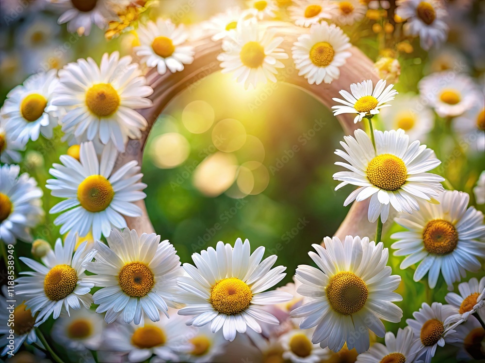 Obraz premium A long exposure daisy wreath, softly blurred bokeh background, creates a dreamy spring floral frame.