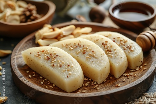 Korean rice cake Songpyeon a traditional Chuseok treat made from rice flour sesame nuts honey or red bean paste photo