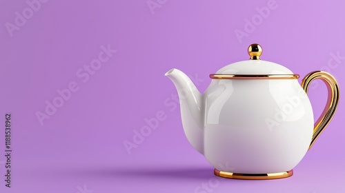 A sleek white teapot with gold accents, set against a vibrant purple background, exuding elegance and modern design.