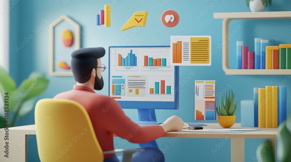 Fototapeta premium 3D render of a marketing strategist using a digital platform to assess the ROI of an advertising campaign, with floating 3D charts showing impressions, clicks, conversions, and cost per acquisition