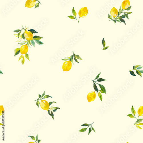 Beautiful vector seamless pattern with watercolor fresh lemons with leaves and flowers in sunny Mediterranean style. Ready summer print design for wallpapers, wrappings, textile.