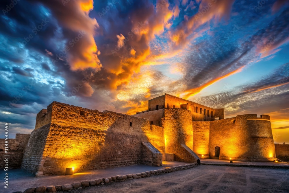 Fototapeta premium Arad Fort, Bahrain: Night's long exposure captures Muharraq's historic architectural beauty in the Middle East.