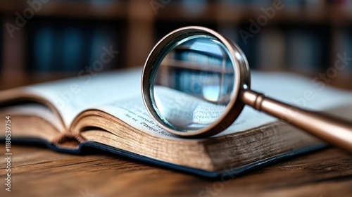 A magnifying glass sitting on top of an open book
