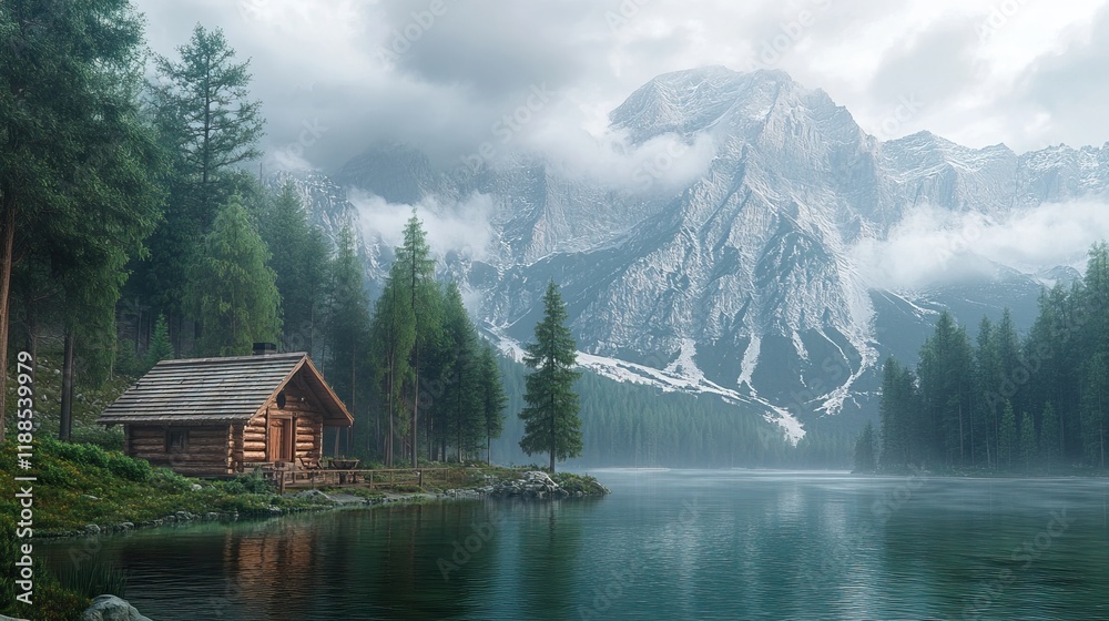 Fototapeta premium Lake Braies Dolomites mountain landscape with wooden house on lake, surrounded by green forest, high mountains, clouds, green water, sunny day, high resolution, natural lighting, cloudy sky