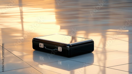 A single black carry-on suitcase, its glossy surface catching the fleeting golden light, rests quietly in the baggage reclaim area, embodying a tale of travel and abandonment at su photo