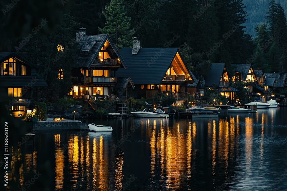 Fototapeta premium Illuminated Lakeside Cabins at Night Peaceful Water Reflections