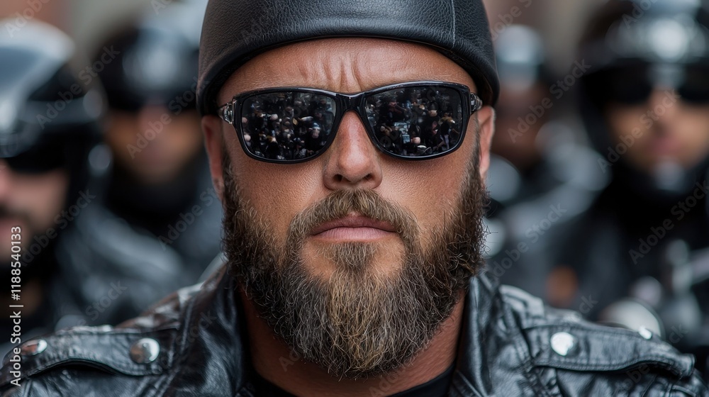 Fototapeta premium A man with a beard wearing a leather jacket and sunglasses