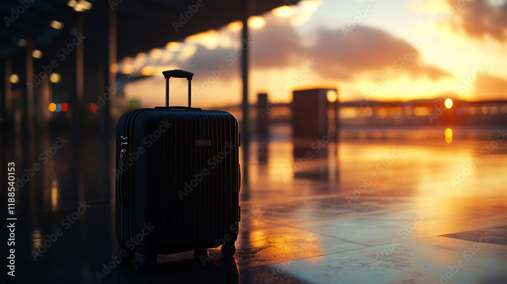 Abandoned black hardshell luggage, perfectly crafted with durable material and sleek edges, basks in the gentle orange and purple hues of a sunset illuminating the baggage reclaim Abandoned black hardshell luggage, perfectly crafted with durable material and sleek edges, basks in the gentle orange and purple hues of a sunset illuminating the baggage reclaim