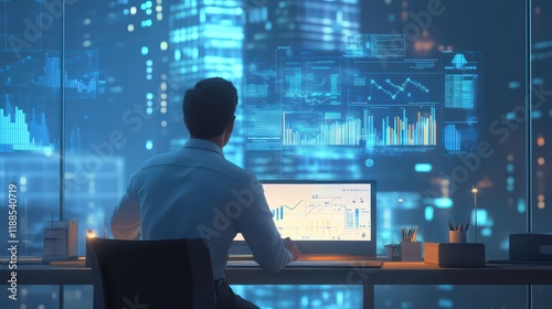 3D model of a business analyst reviewing a detailed market report, with floating 3D projections of business growth strategies, competitive analysis, and market expansion opportunities in a modern