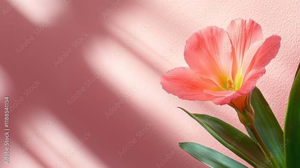 Fototapeta premium A single pink flower with green leaves in front of a pink wall