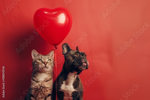 A close-up of a cat and dog holding a red balloon in the shape of a heart against a red background that is studio-clean and has adequate room for writing, Generative AI. photo