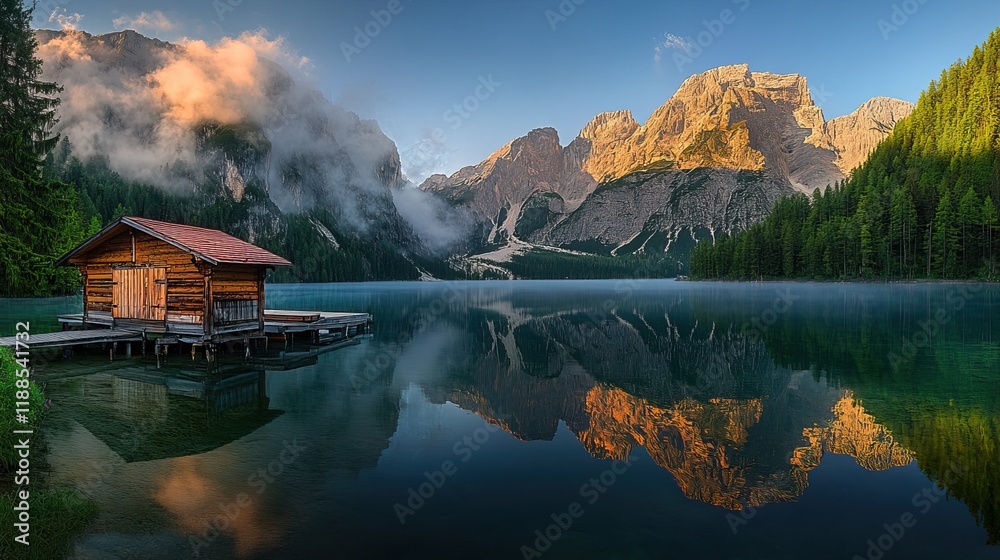 Fototapeta premium Lake Braies Dolomites mountain landscape with wooden house on lake, surrounded by green forest, high mountains, clouds, green water, sunny day, high resolution, natural lighting, cloudy sky