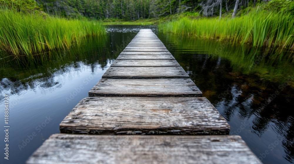 Fototapeta premium A wooden boardwalk in the middle of a lake surrounded by tall grass