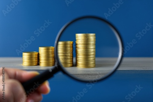 Stacks of gold coins are analyzed with a magnifying glass on a wooden surface, set against a plain blue background. Concept of financial growth photo