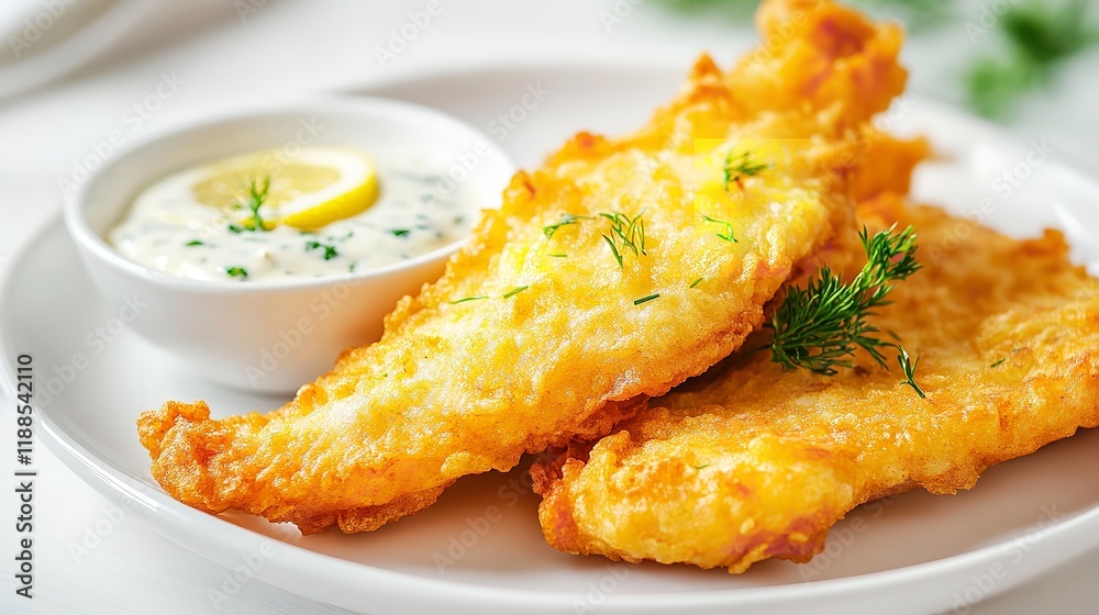 Crispy golden fried fish with lemon tartar sauce Crispy golden fried fish with lemon tartar sauce