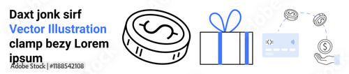 Coin icon, gift box tied with ribbon, credit card, and hand swapping currency symbols, highlighting exchange themes. Ideal for e-commerce, banking, finance, payment services gifting promotions