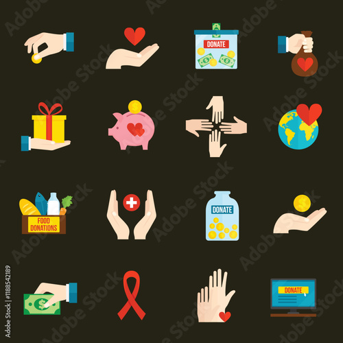 New Charity donation flat icons set