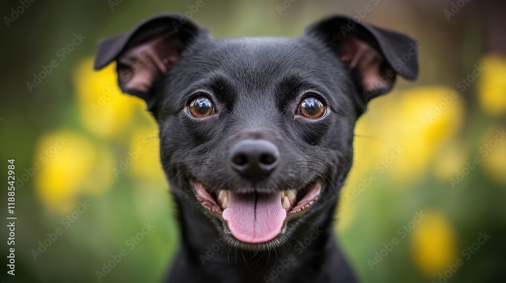 A black dog with its tongue out in a field of yellow flowers A black dog with its tongue out in a field of yellow flowers