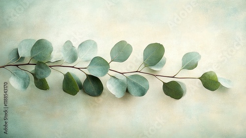  Botanical study of a eucalyptus branch with soft green leaves, featuring an elegant composition of matte-textured leaves arranged delicately along a slender stem.